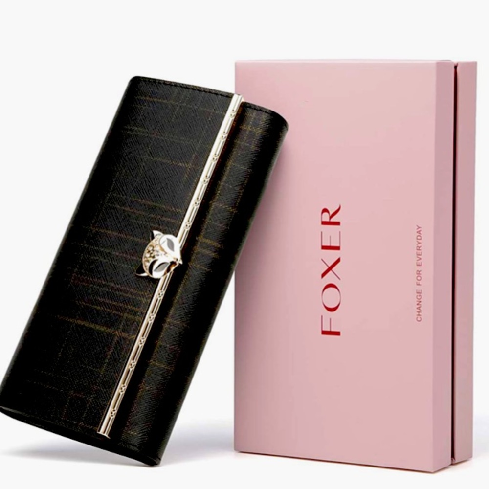 Foxer Leather clutch trifold wallet. New Brown & Gold